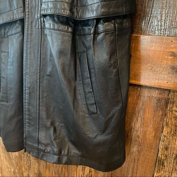 Phase 2 Vintage Black Leather Trench-Coat Shawl Collar Front Pockets Adj Waist - Picture 4 of 11